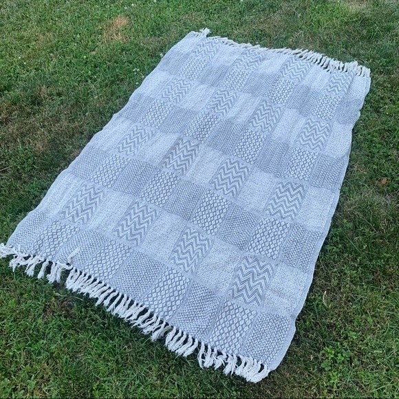 Bloomingville Farmhouse Cottagecore Fringe Grey Patchwork Woven Throw Blanket - Picture 1 of 4